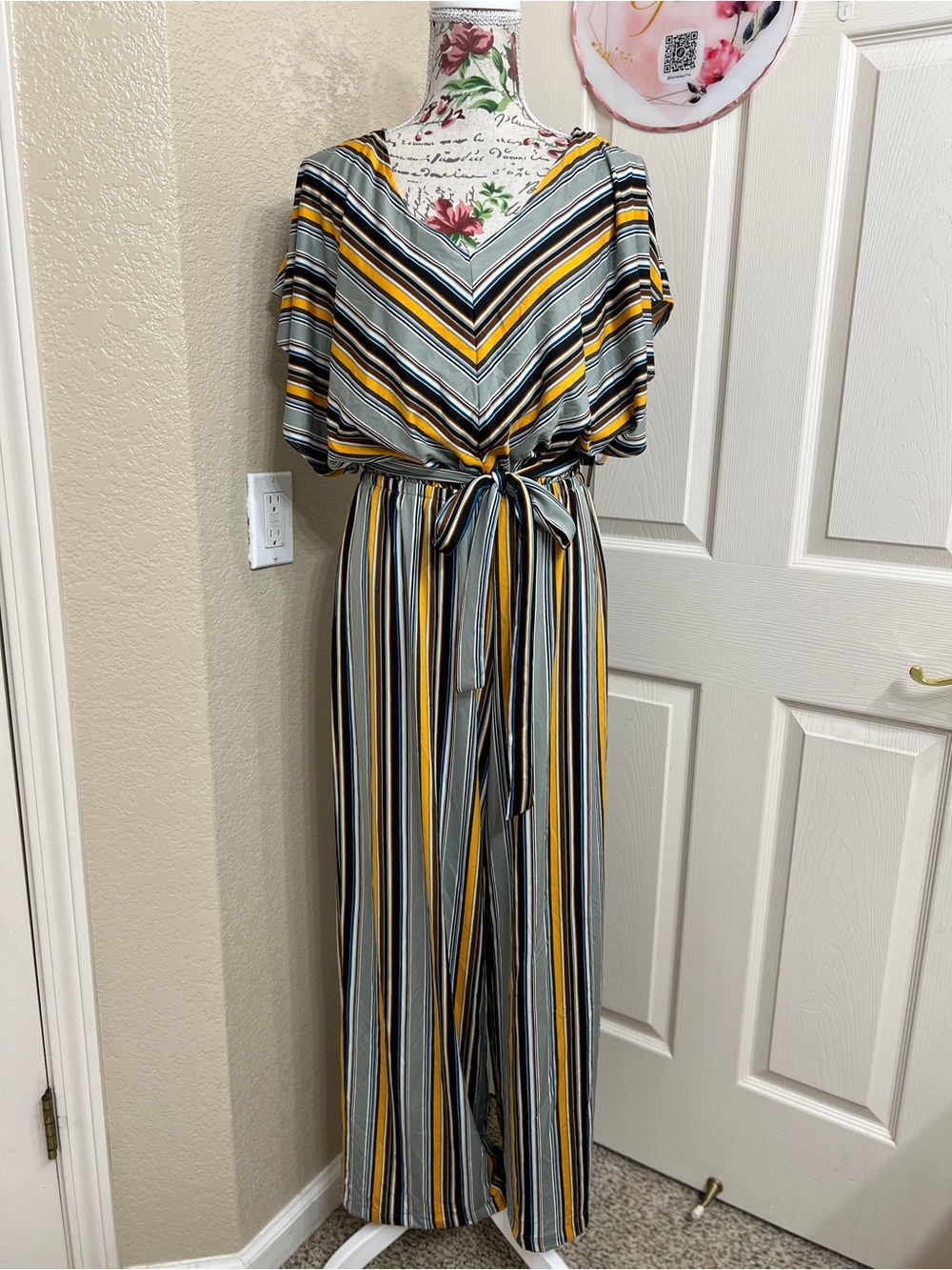 Soho Apparel Striped V-Neck Wide-Leg Jumpsuit in Yellow & Gray